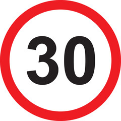 speed limit sign displaying 30 with red circle border on white background © Hamza