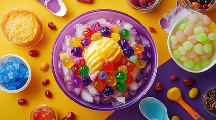 Flat lay of Filipino halo-halo dessert with shaved ice, colorful jelly, beans, ube, and leche flan, bold and vibrant hues