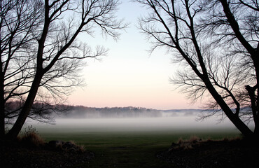 Fototapeta premium Misty dawn landscape framed by bare trees and soft fog