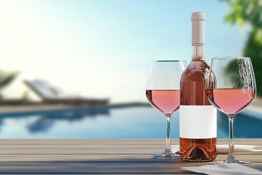 A bottle of rosé wine and two glasses on the table by the poolside, with a white label on the bottle, summer party concept, pink rose rosé wine mockup design template, 3D rendering illustration. 