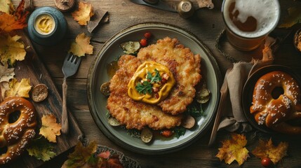 Flat lay of hearty Bavarian meal with schnitzel, pretzel, mustard, and beer, rustic autumn tones