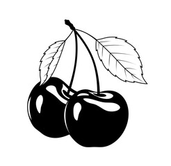 Black and white illustration of cherry berries, cherry logo for healthy food packaging design or design with berry theme. Drawing of two appetizing black cherries or with leaves.