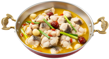 Sichuan non spicy fish steamboat with pickled cabbage in beautiful steamboat pot. PNG isolated.