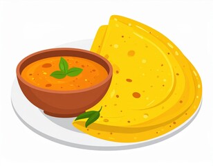 Colorful Indian Flatbread And Curry Dish Illustration