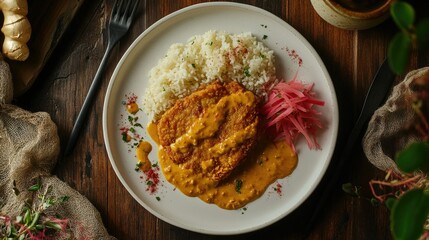 Flat lay of Japanese Curry Rice with katsu cutlet, golden curry sauce, served on white plate with pickled red ginger, warm cozy palette,