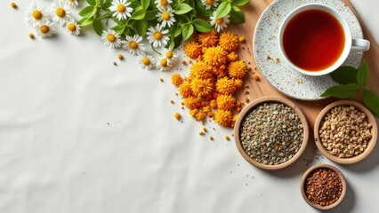 Fototapeta premium Professional flat lay of organic herbal tea ingredients chamomile, peppermint, hibiscus