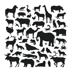 Animal silhouette, Farm wild jungle animals. Icons, elements, patterns and animal silhouettes. Vector illustration.