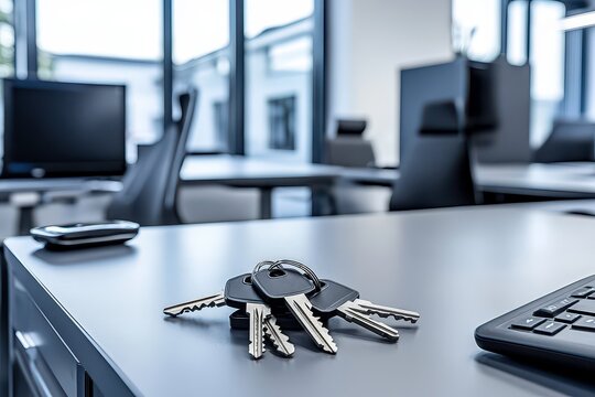 Close-up of office keys on a desk in a modern workspace with computers in the background