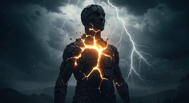 Lightning converges around a fractured humanoid form, radiating molten light through ancient cracks