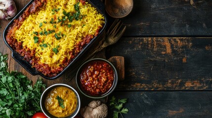 Flat lay of South African bobotie with yellow rice and chutney, warm spice tones