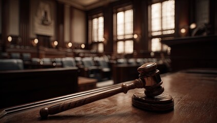 A wooden gavel rests on a courtroom table,  a symbol of justice and legal proceedings in a large,  grand hall