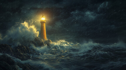 A lighthouse stands on rocky shores amidst a stormy sea, its light cutting through the dark, turbulent waters and clouds.
