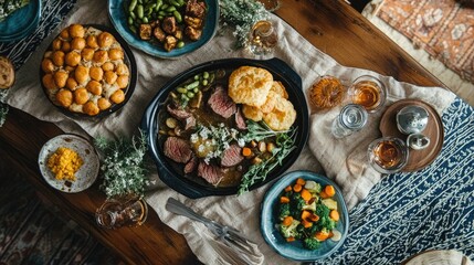 Flat lay of Sunday roast dinner with beef, Yorkshire pudding, veggies, and gravy, cozy and hearty tones