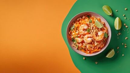 Flat lay of traditional Thai Pad Thai with shrimp, lime wedges, and crushed peanuts, vibrant orange and green palette