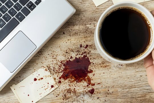 Coffee spill on wooden desk beside laptop, illustrating a busy work environment with notes
