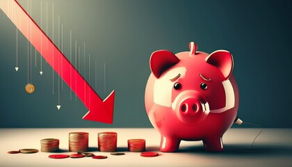 sad piggy bank and arrow down difficult economic situation expenditure of savings and financial reserves falling income economy lower wages falling gdp economic recession crisis capital flight
