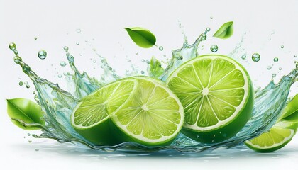 lime slices with drops and water splash isolated on a white background generative ai