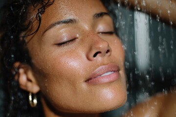 A woman enjoying a natural shower under running water, exuding beauty and freshness, with droplets glistening on her skin in a serene atmosphere.