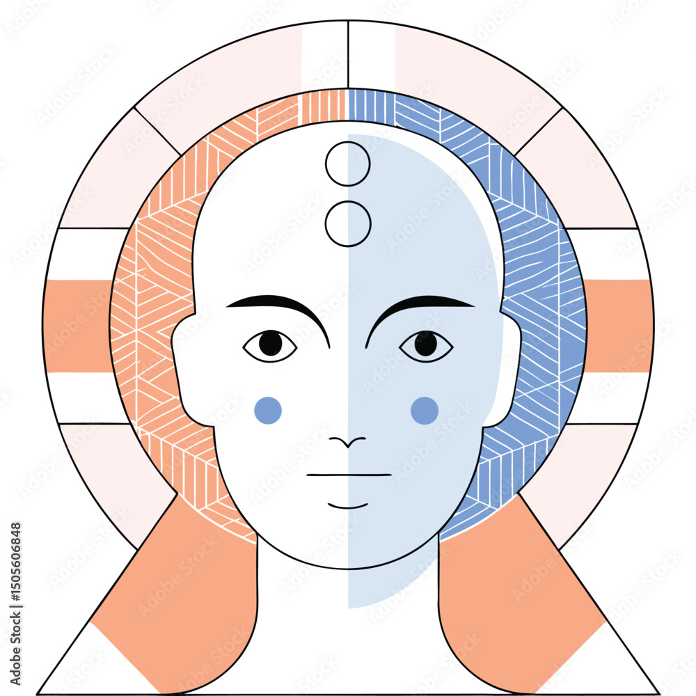 Poster abstract illustration of a geometric face with graphic design elements and transparency