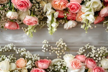 Elegant arrangement of pastel roses and baby’s breath. Wedding floral decoration concept.  
