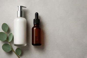 Natural Skincare Mockup: White lotion pump & amber serum dropper bottle with eucalyptus on grey concrete. Minimalist flat lay for beauty, spa, wellness, organic cosmetics. Top view with copy space.