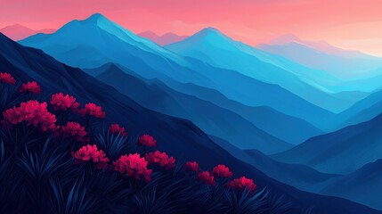 Obraz premium Himalayan Harmony Concept. Serene Landscape of Mountains at Sunset with Vibrant Flowers in Foreground and Gradients in Sky