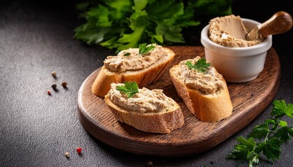 fresh homemade chicken liver pate on baguette with fresh parsley and spices