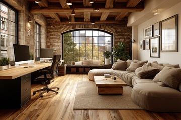 Interior design: 3D rendering mock-up of elegant open workplace in a renovated loft with desks and comfortable sitting area