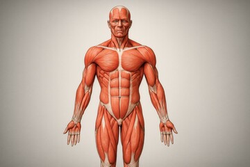Detailed Anatomical Illustration of Human Muscles Showcasing Major Muscle Groups and Structures in a Neutral Pose on a Light Background