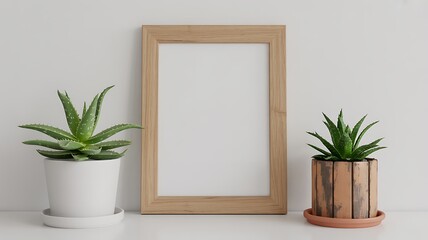 Minimalist interior with blank wooden photo frame and potted succulent plants on white background