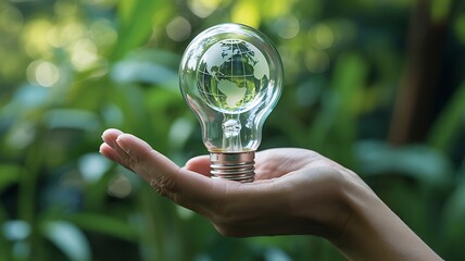 Hand Holding Light Bulb with Earth Inside, Symbolizing Renewable Energy, Sustainability, and Environmental Conservation