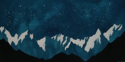 Fototapeta premium Himalayan Harmony Concept. Majestic Mountain Range Under Starry Night Sky in Deep Blue Watercolor Style Art