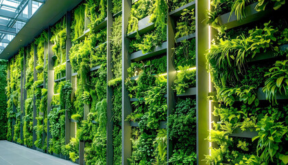 A magnificent indoor vertical garden, featuring a lush array of diverse green plants cascading
