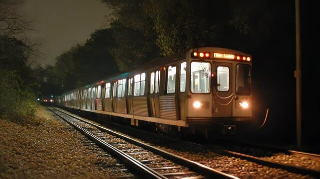 A night scene of a subway train traveling along a track, illuminated by its lights, showcasing urban transport. The ambient surroundings add a mysterious atmosphere to the image.