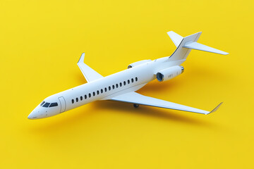 Fototapeta premium A white airplane model on a yellow background, in an isometric view, high-resolution photography