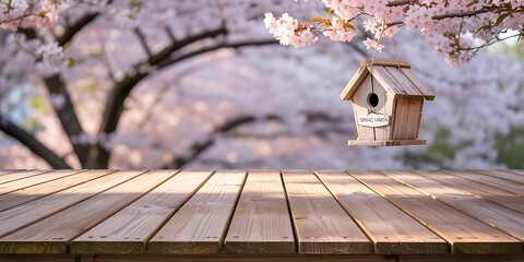 Empty wooden table with blurred cherry blossom background, spring nature scene, mockup for product display or design 