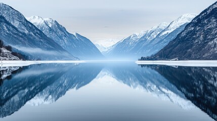 Obraz premium Himalayan Harmony Concept. Serene Winter Landscape Reflected in Calm Water Amidst Snow-Capped Mountains and Foggy Atmosphere