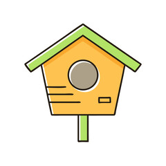 Cute vector illustration of a colorful birdhouse with green roof and perch