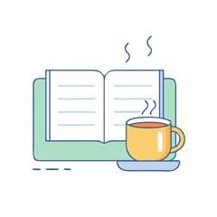 Cozy Reading Time Illustration Featuring Open Book and Steaming Cup of Tea