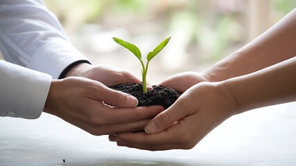 Hands holding soil with young green plant seedling symbolizing growth, sustainability, and environmental care