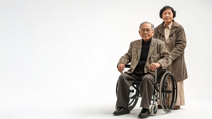 Naklejka premium Elderly Asian couple with man in wheelchair posing in studio. Senior care and support concept. 