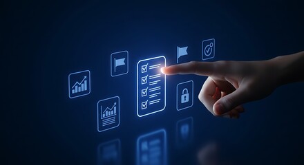 Finger touching digital checklist icon surrounded by business an