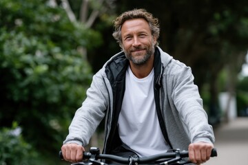A cheerful middle-aged man rides his bicycle through a lush, green path, representing freedom, joy, and a healthy lifestyle amid natural beauty and enjoying the outdoors.