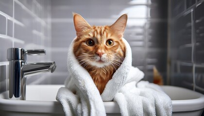 wet orange tabby cat in white towel in a sink