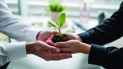 Hands holding soil with young green plant seedling symbolizing growth, sustainability, and environmental care