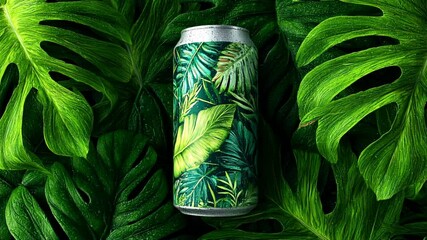  A silver craft beer can featuring a vivid tropical leaf design rests among lush dew-covered green leaves creating a seamless and vibrant botanical camouflage effect