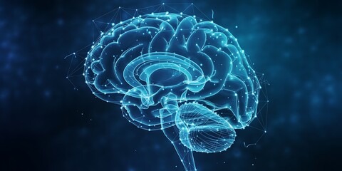 Digital brain illustration with neural network connections, artificial intelligence, futuristic technology, and data science concept