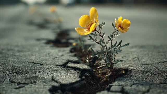 Two bright yellow wildflowers grow defiantly through cracks in a rough asphalt road symbolizing resilience and natural beauty amidst urban decay