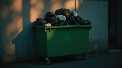 Green dumpster filled with black garbage bags is positioned against concrete wall, illuminated by soft evening light, creating serene yet urban