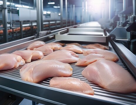 raw chicken fillet on a conveyor belt on a poultry farm hygiene and quality control in processing food industry
